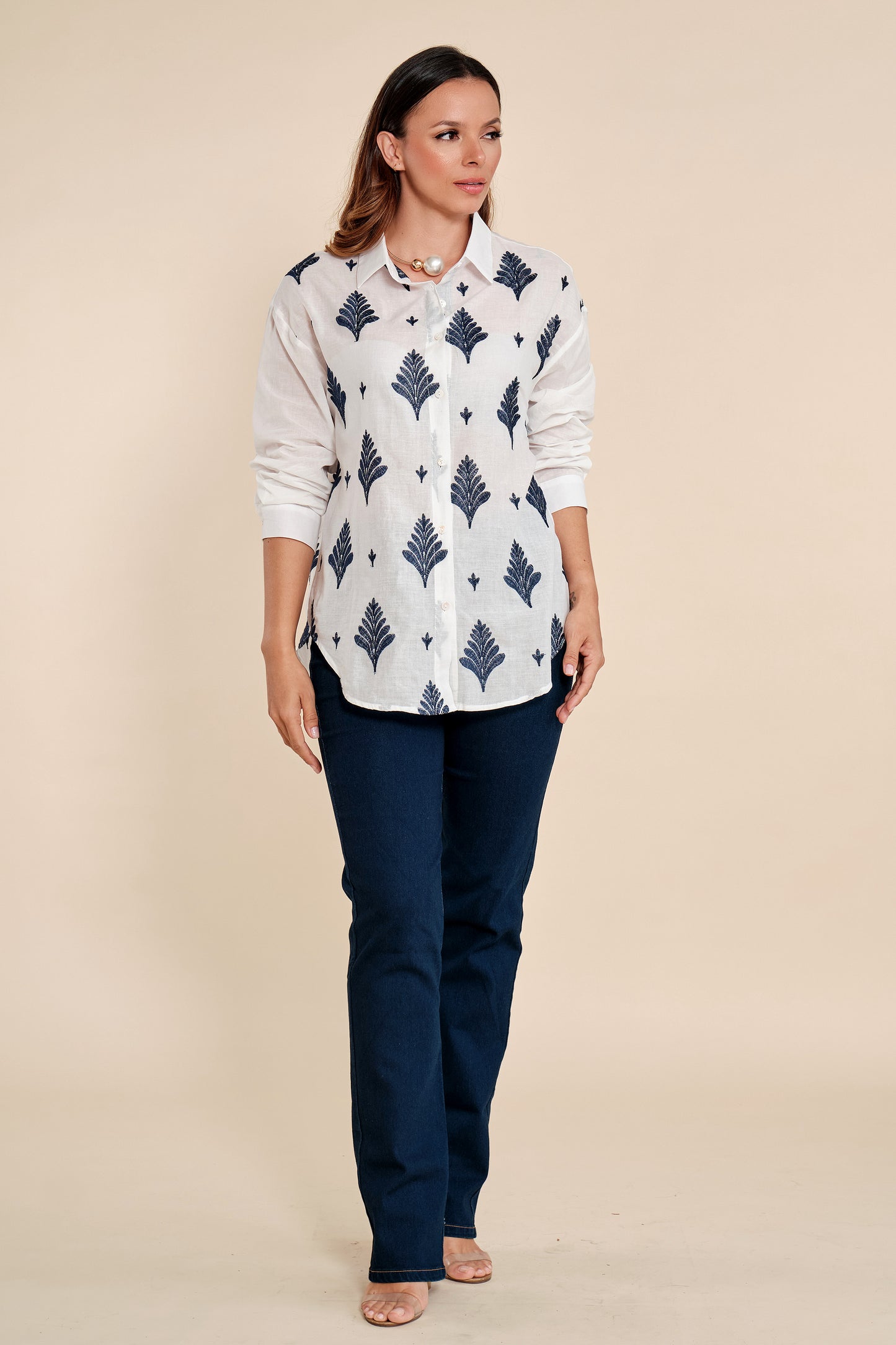 Camisa Bordado Floral Azul