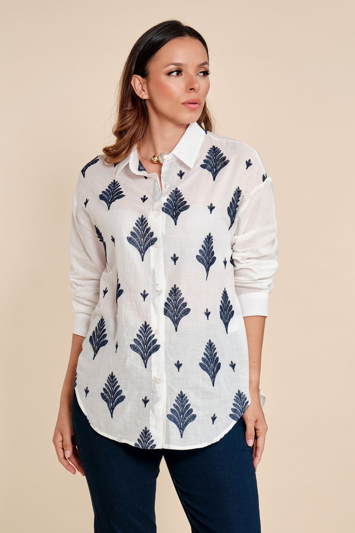 Camisa Bordado Floral Azul