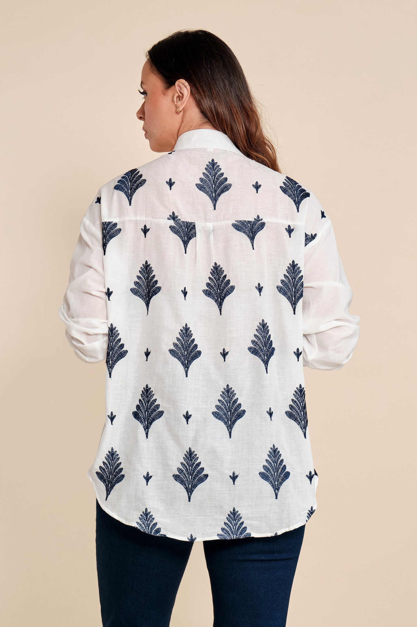 Camisa Bordado Floral Azul