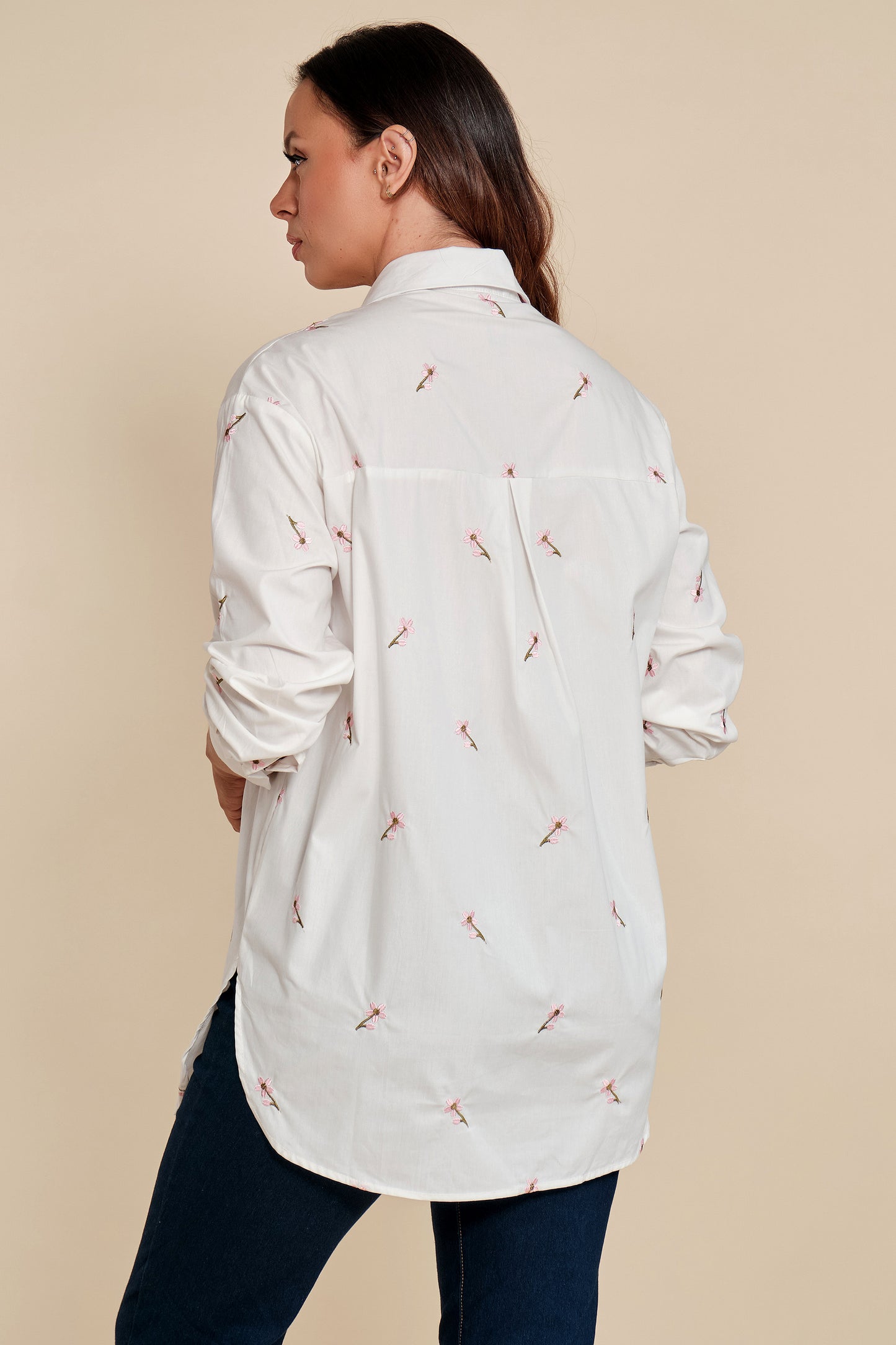 Camisa Algodón Flores Bordadas Pink