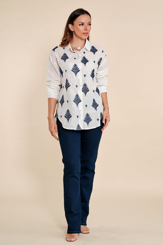 Camisa Bordado Floral Azul