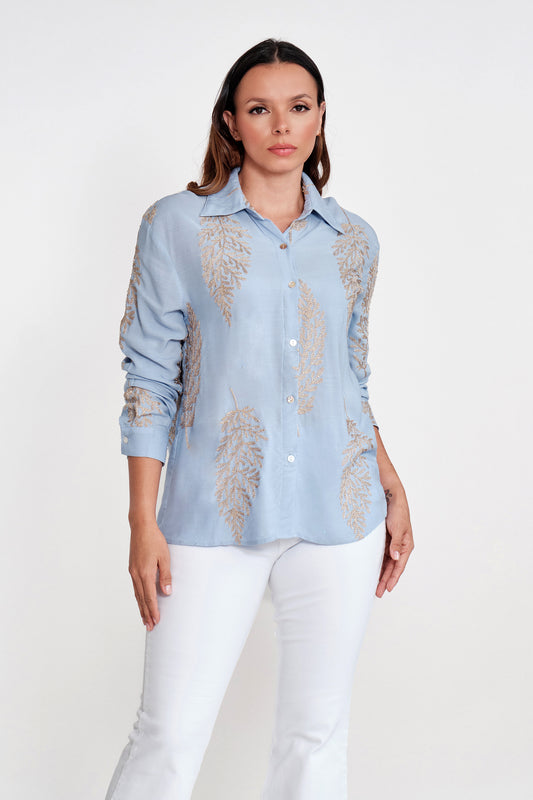 Blusa Bordada Hilos Dorados Celeste